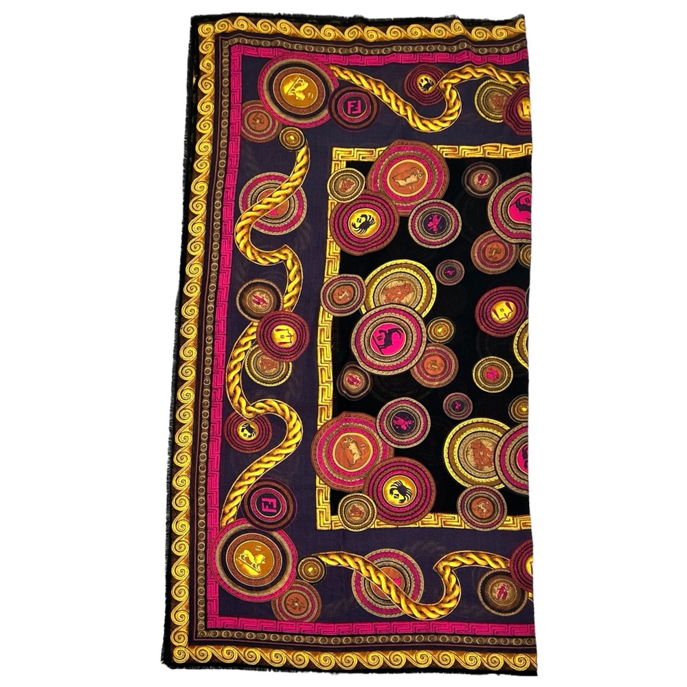 FENDI WOOL & SILK ZODIAC SIGNS IN BLUE, BLACK, PINK & GOLD FOULARD SCARF - Picture 11 of 14